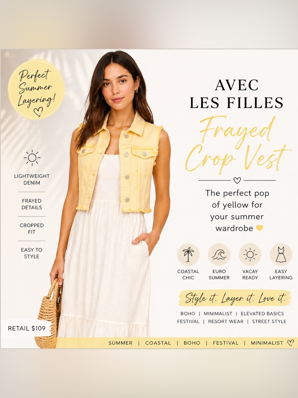 Avec Les Filles Size L Butter Yellow Cropped Denim Vest Frayed Coastal Summer - Picture 15 of 15